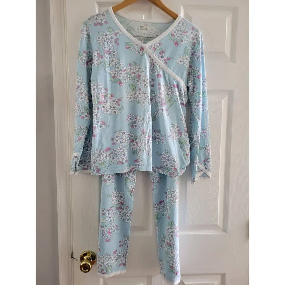 Garnet Hill light blue purple floral print Organic Cotton Pajama set size Small